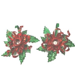 Festive Red and Green Ribbon And Holly Candle Holders